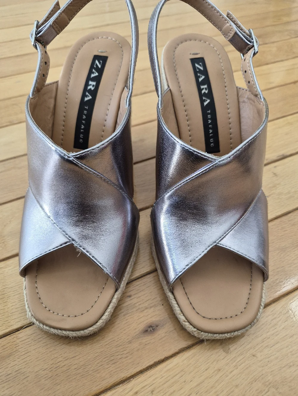 Zara TRF Metallic Silver Espadrille Wedge 37 Sandals Slingback Platform Mrtallic - Picture 13 of 15